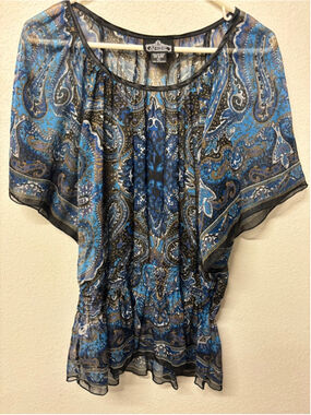 Angie Blue Black Paisley Sheer Blouse Large